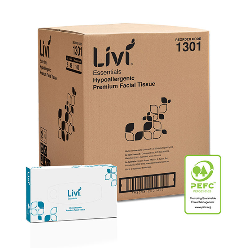 Livi Essentials Hypoallergenic Facial Tissues, 2-Ply, 100 Sheets