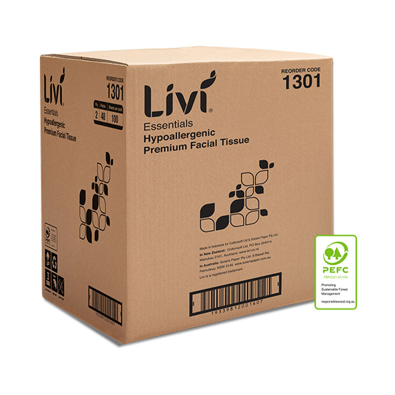 Livi Essentials Hypoallergenic Facial Tissues, 2-Ply, 100 Sheets