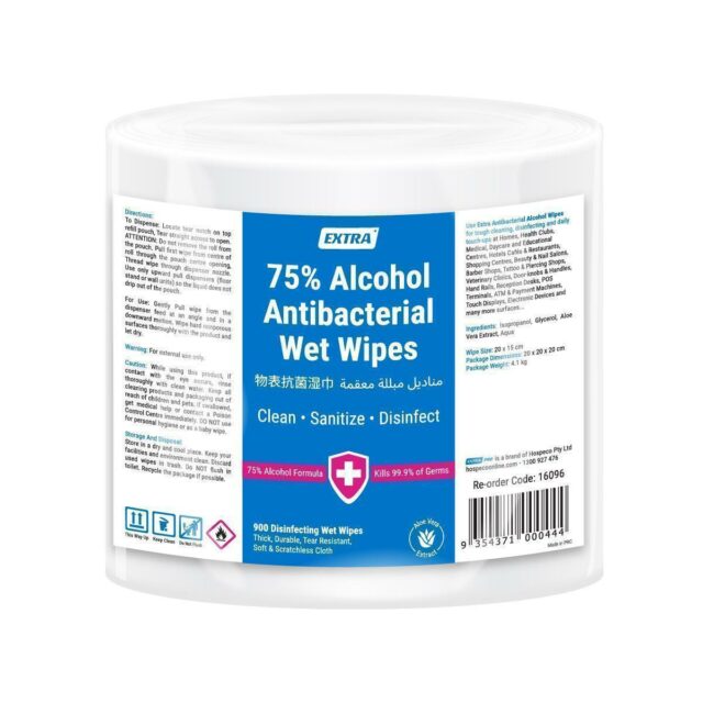 extra antibacterial 75% alcohol surface roll wipes 900 sheets pack