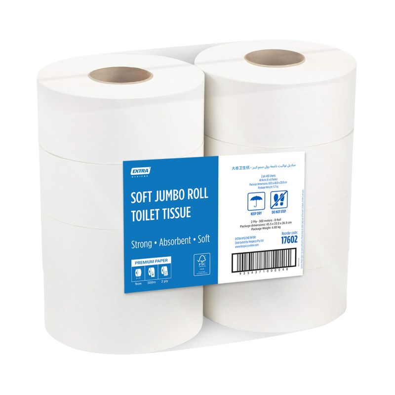 Extra Hygiene Soft Jumbo Toilet Paper Roll 2-Ply 300 Meters 8 Rolls