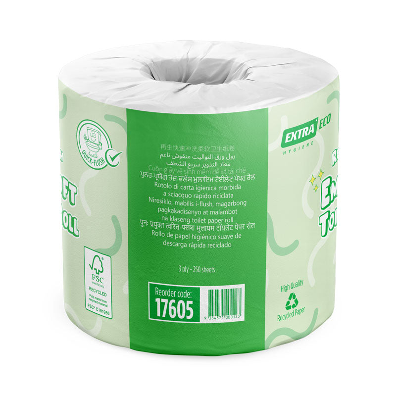 Extra Soft Recycled Toilet Paper Roll 3ply 250s, Embossed Quick-Flush
