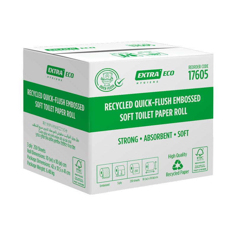 Extra Soft Recycled Toilet Paper Roll 3ply 250s, Embossed Quick-Flush