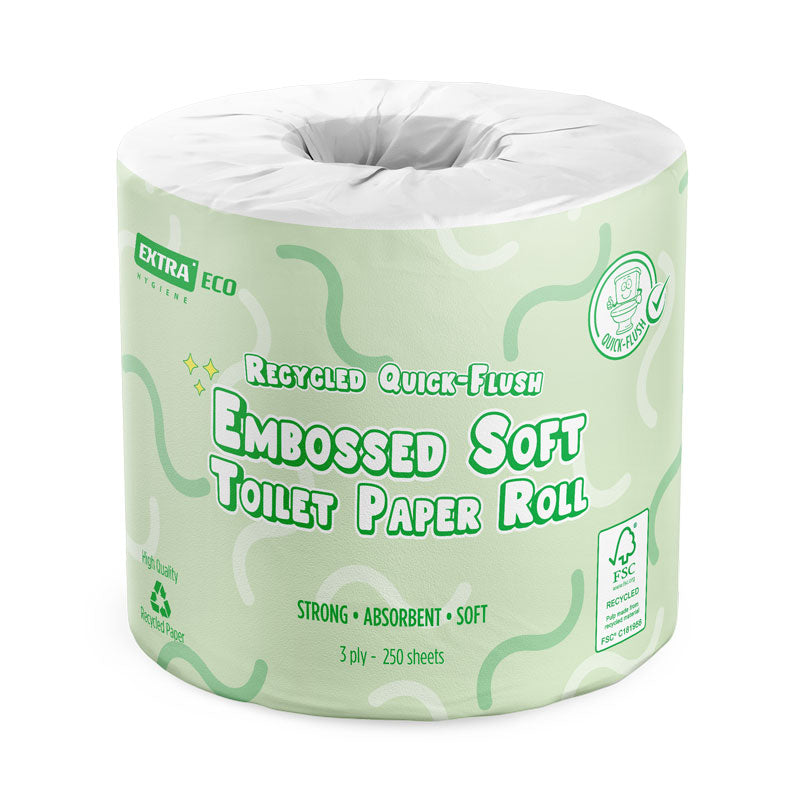 Extra Soft Recycled Toilet Paper Roll 3ply 250s, Embossed Quick-Flush