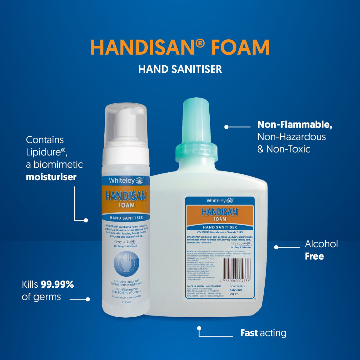 Whiteley Handisan Alcohol-Free Foam Hand Sanitiser 200mL