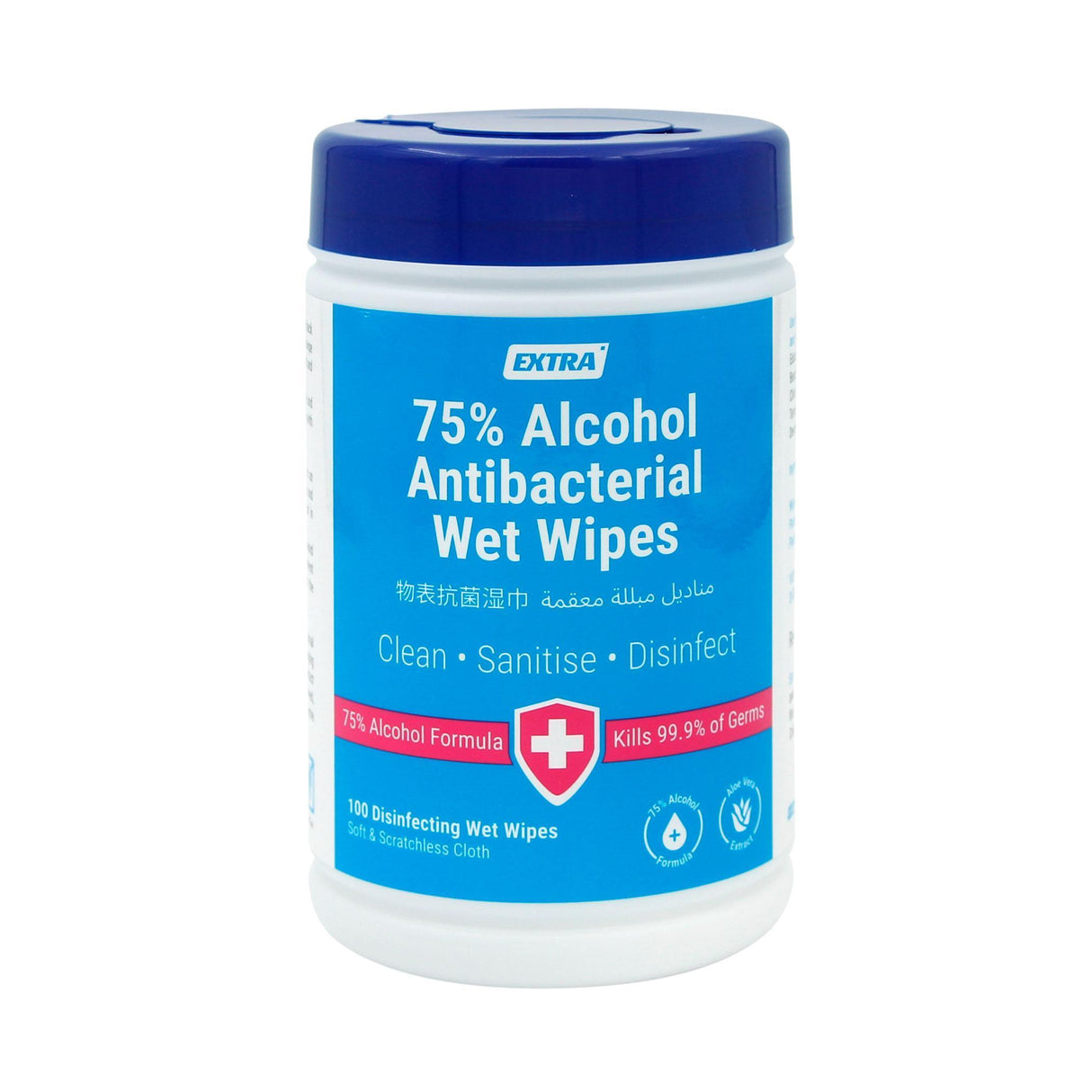 Extra Hygiene Antibacterial 75% Alcohol Wet Wipes Tub 100 Wipes