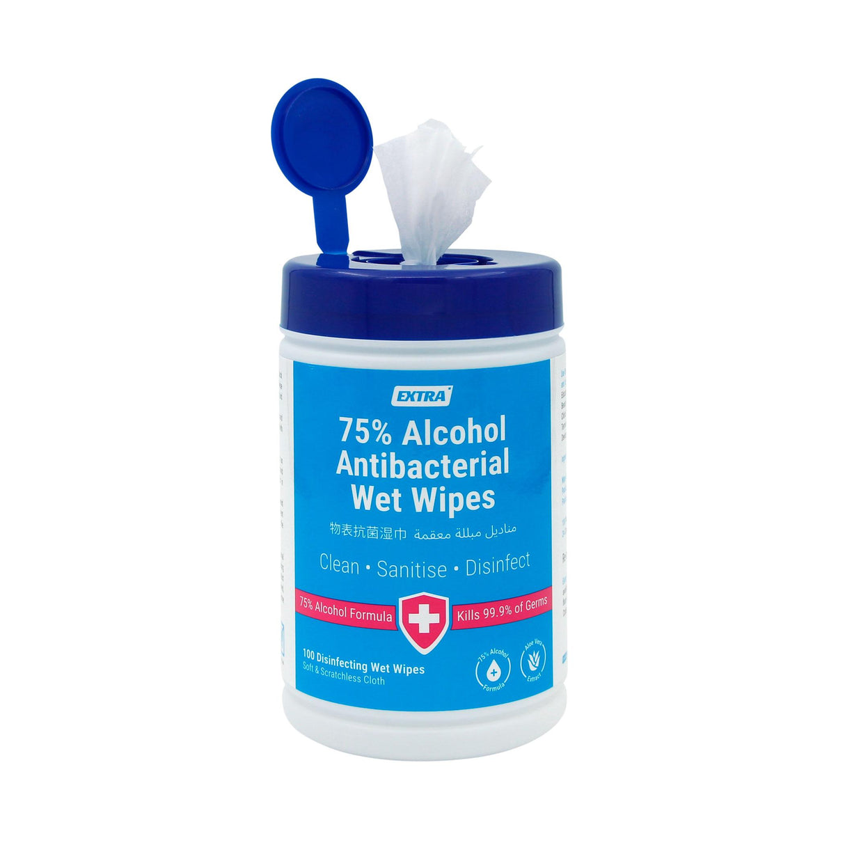 Extra Hygiene Antibacterial 75% Alcohol Wet Wipes Tub 100 Wipes
