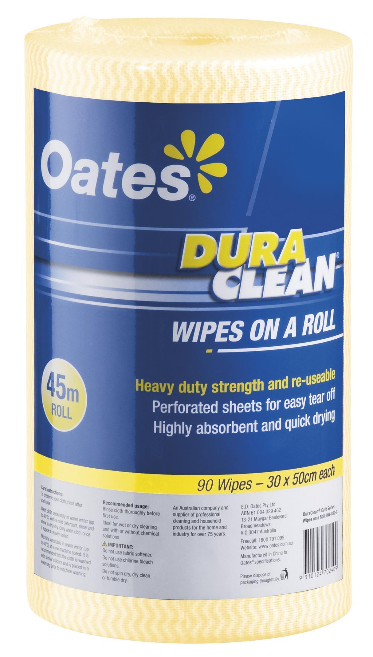 DuraClean Wipes on a Roll - 45m - Yellow
