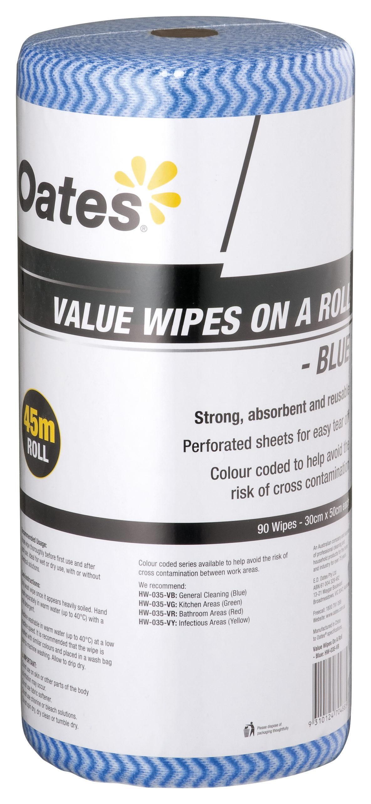 Oates Value Wipes on a Roll, 90 sheets, Blue