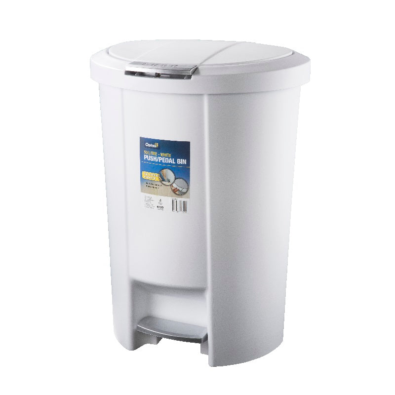 Oates 50L Plastic Push/Pedal Garbage Bin - White