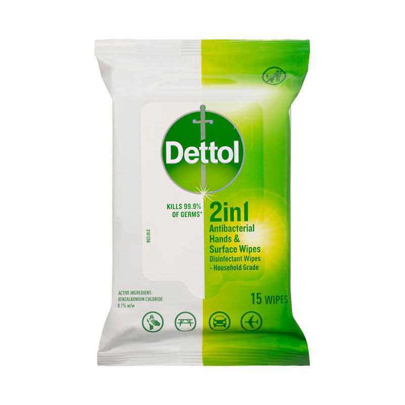 Dettol 2 in 1 Hands & Surfaces Anti-Bacterial Wipes 15s Pack